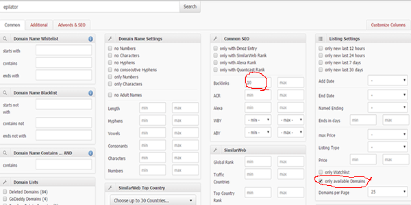 Filter the number of available domains by backlinks