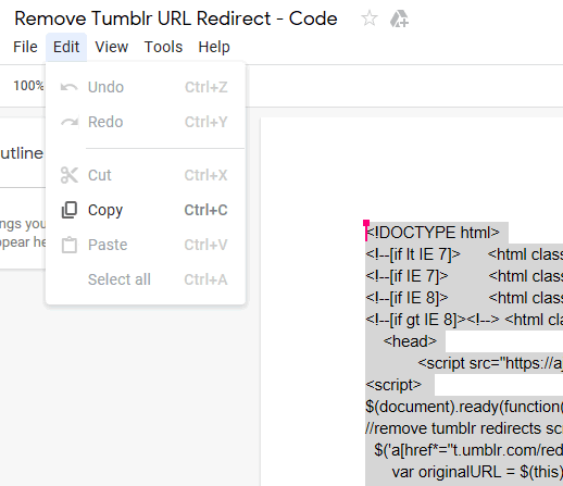 Select Tumblr Code from Google Doc