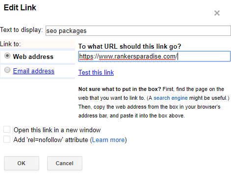 Enter Web Address for Link Within Your Blog Post