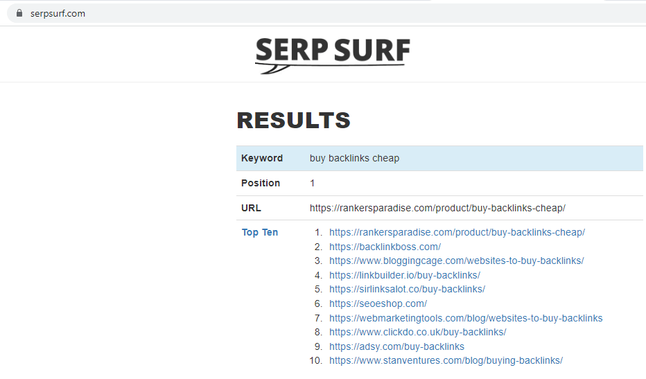 Bild visar SERP SURF köp bakåtlänkar billigt Rankers Paradise top Google ranking results