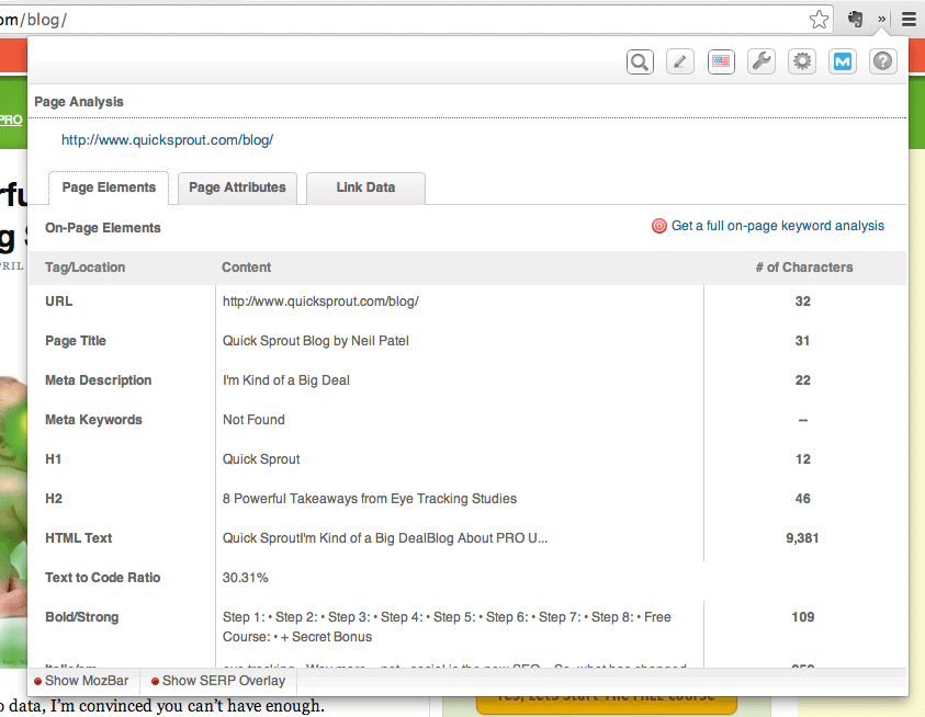 Page analysis with the Moz Bar, a free search engine optimization tool