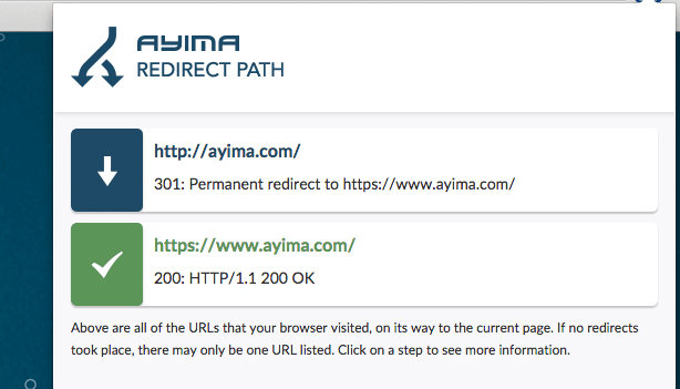 shows redirect paths and header information for every URL you visit