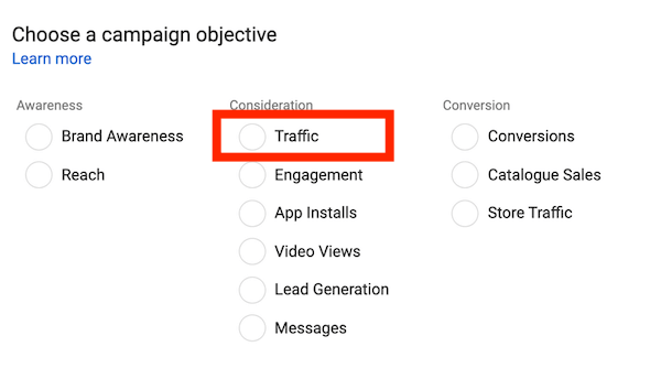 Image shows traffic section on Facebook Advertising