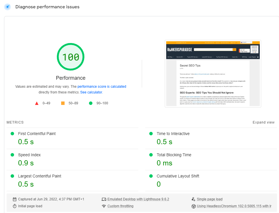 Image shows the results of a Google website load speed test for Rankers Paradise