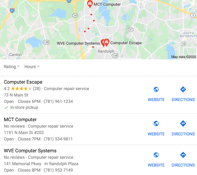 Business star ratings from Google My Business optimisation shown in local pack