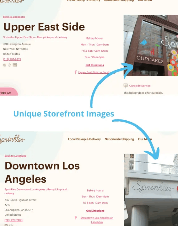 Snapshots of sample Sprinkles retail locations exhibiting different storefronts.