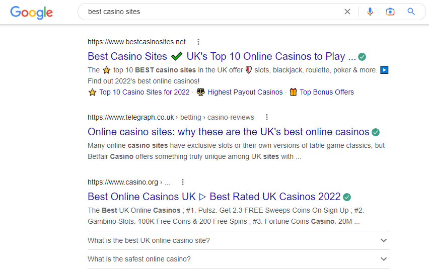 Image shows Google search results for best casino sites to show exact match domains help with the Google Ranking Factors