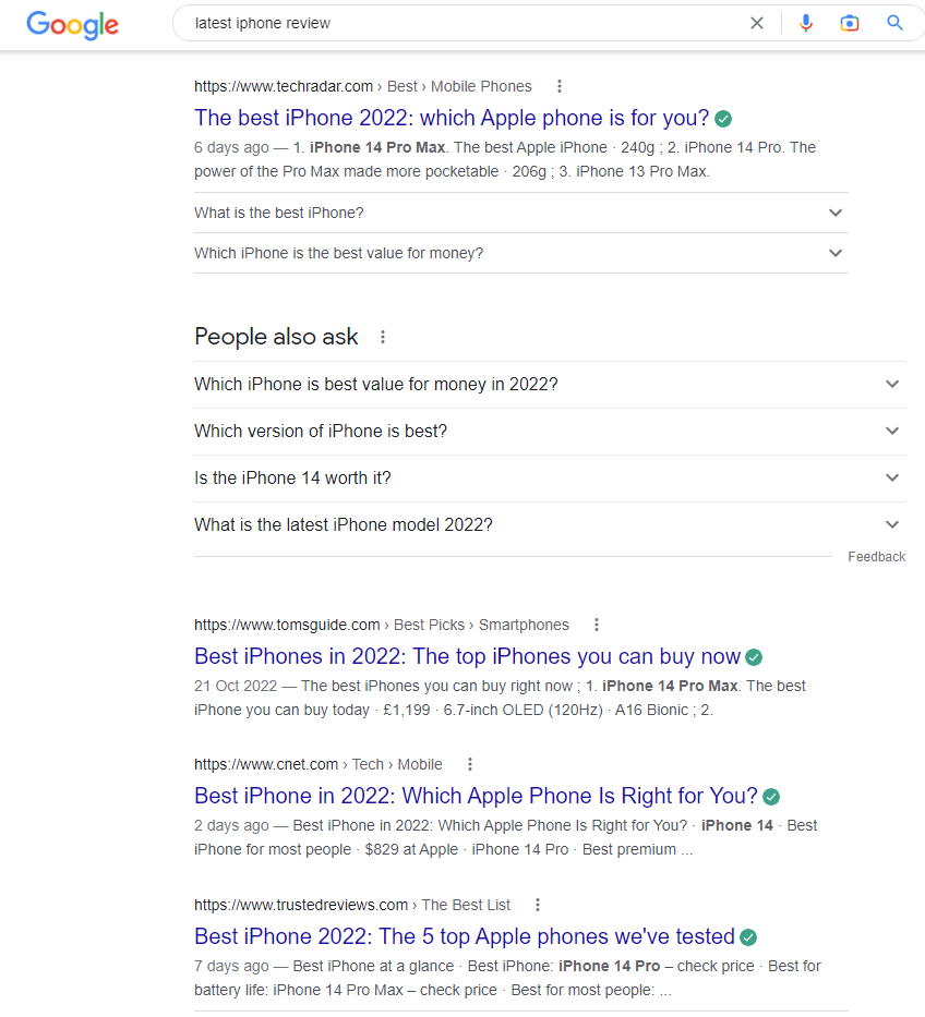 The image shows SERPs for the search latest iphone review