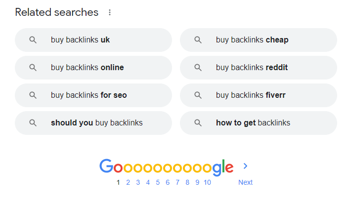 Image shows related searches on Google for buy backlinks search term