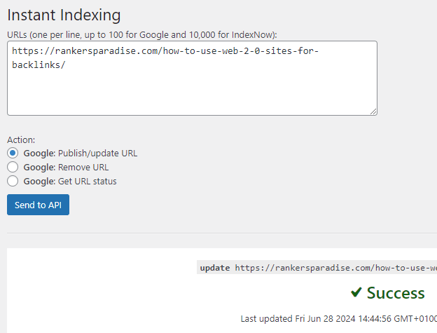 Insert the URL for your new content in Rank Math Instant Indexing Plugin