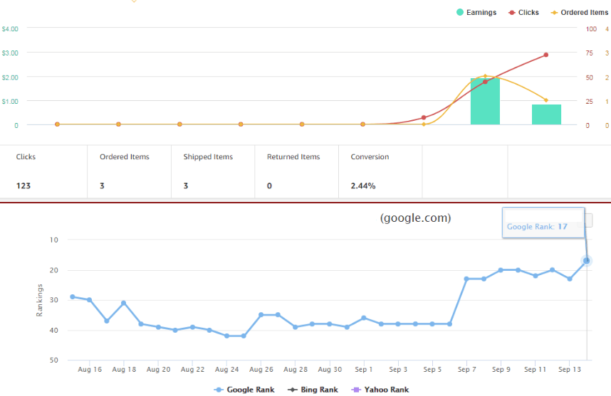 Image shows screen shots of improved rankings and sales