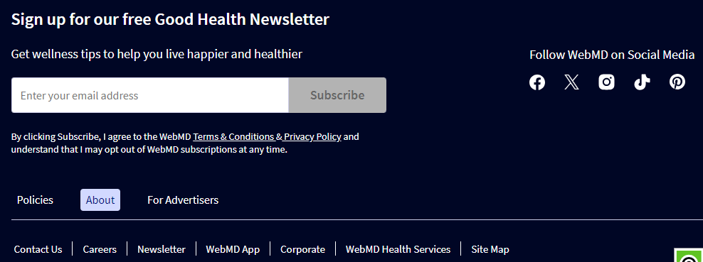 WebMD footer links are kept really simple and effective