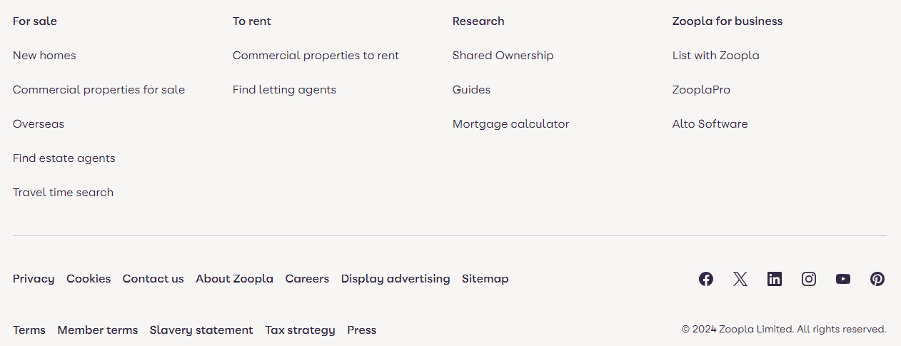 Footer links on Zoopla.co.uk
