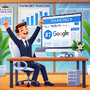 The image shows a happy man after ranking top on Google after buying backlinks from Rankers Paradise