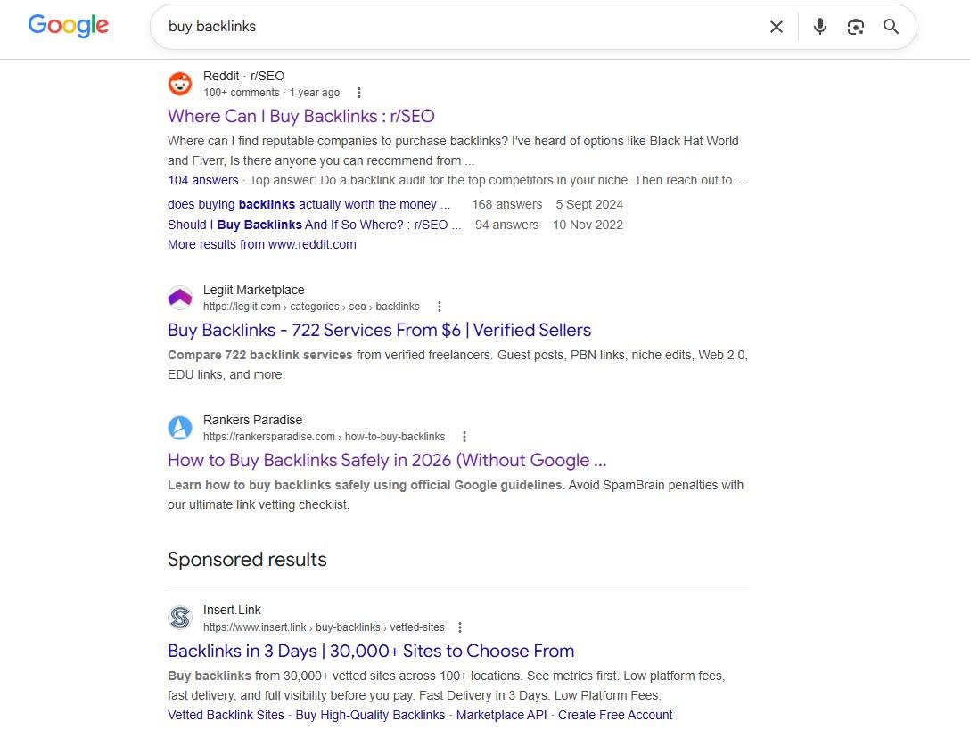 Rankers Paradise has page 1 rankings for the keyword buy backlinks