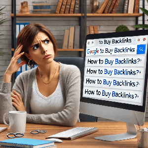 Image shows a woman looking puzzled and wondering how she can buy backlinks safely