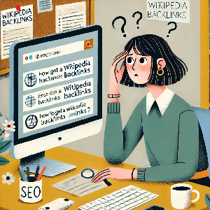 Image shows a woman wondering how to get herself a backlink from Wikipedia