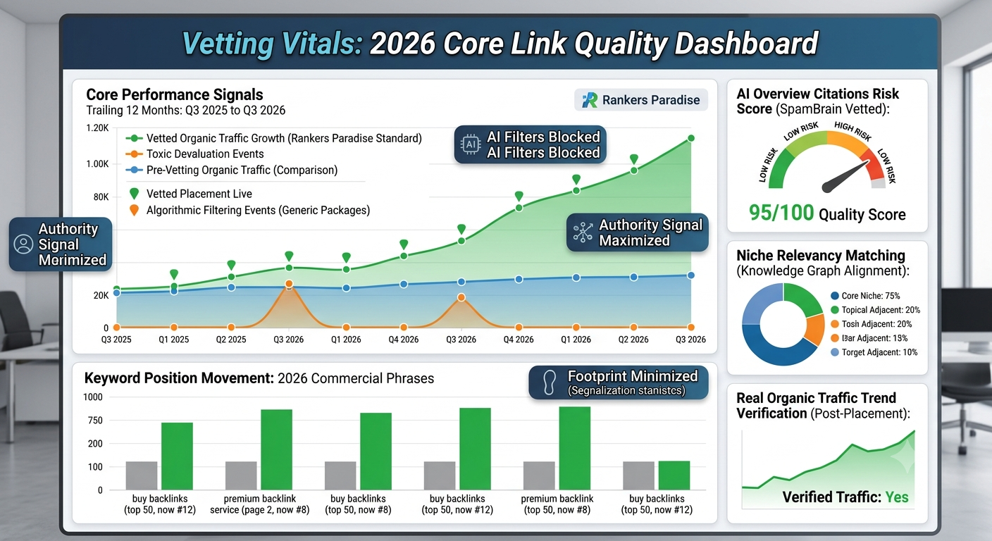 An SEO infographic titled Vetting Vitals: 2026 Core Link Quality Dashboard showing multi-line charts comparing vetted organic traffic growth against toxic devaluation spikes, keyword position charts, and high quality safety score metrics.