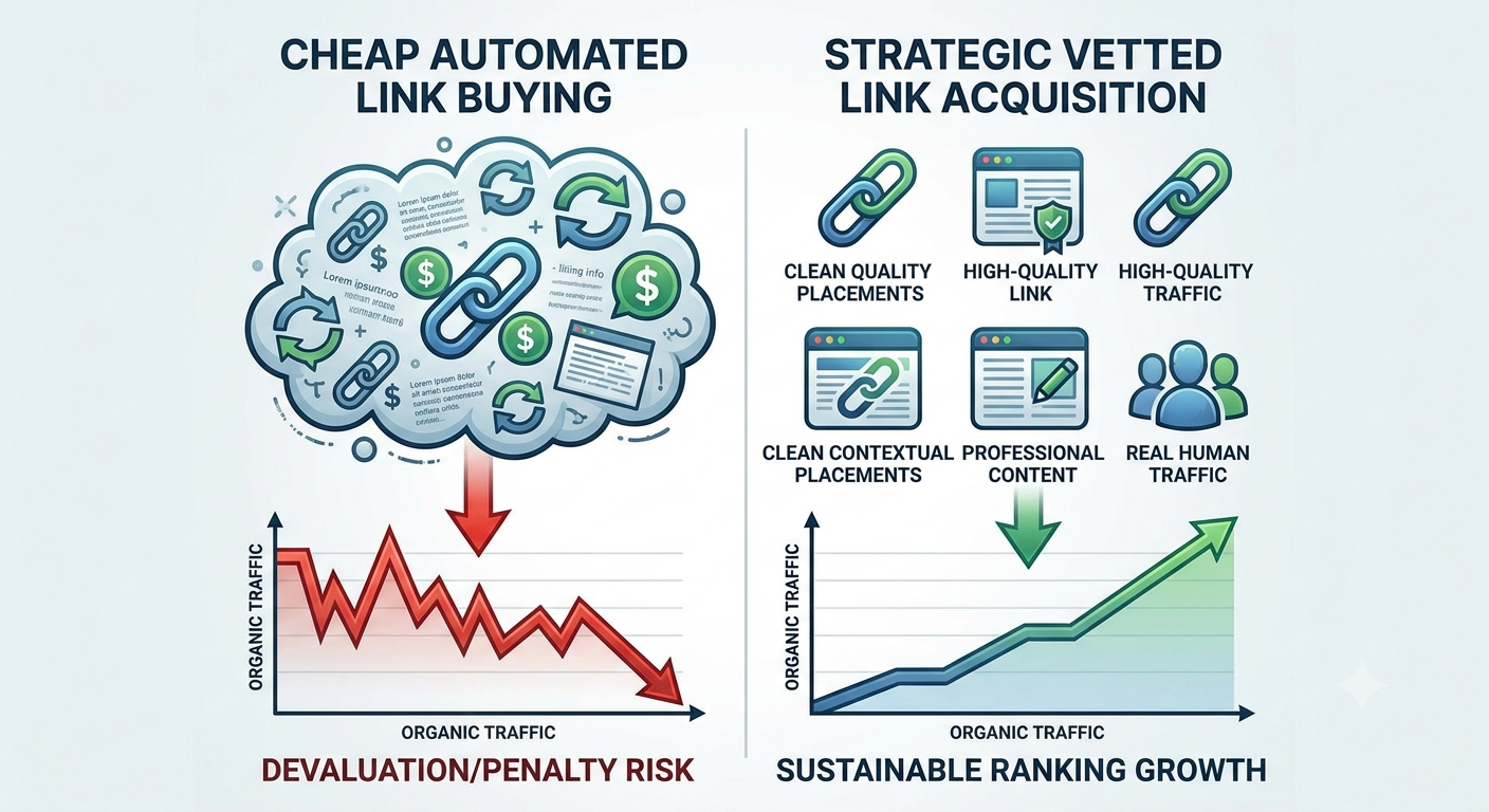 A comparison infographic illustrating the difference between 'Cheap Automated Link Buying' leading to traffic plummeting (risk of penalty) and 'Strategic Vetted Link Acquisition' resulting in steady upward organic traffic growth (sustainable rankings).
