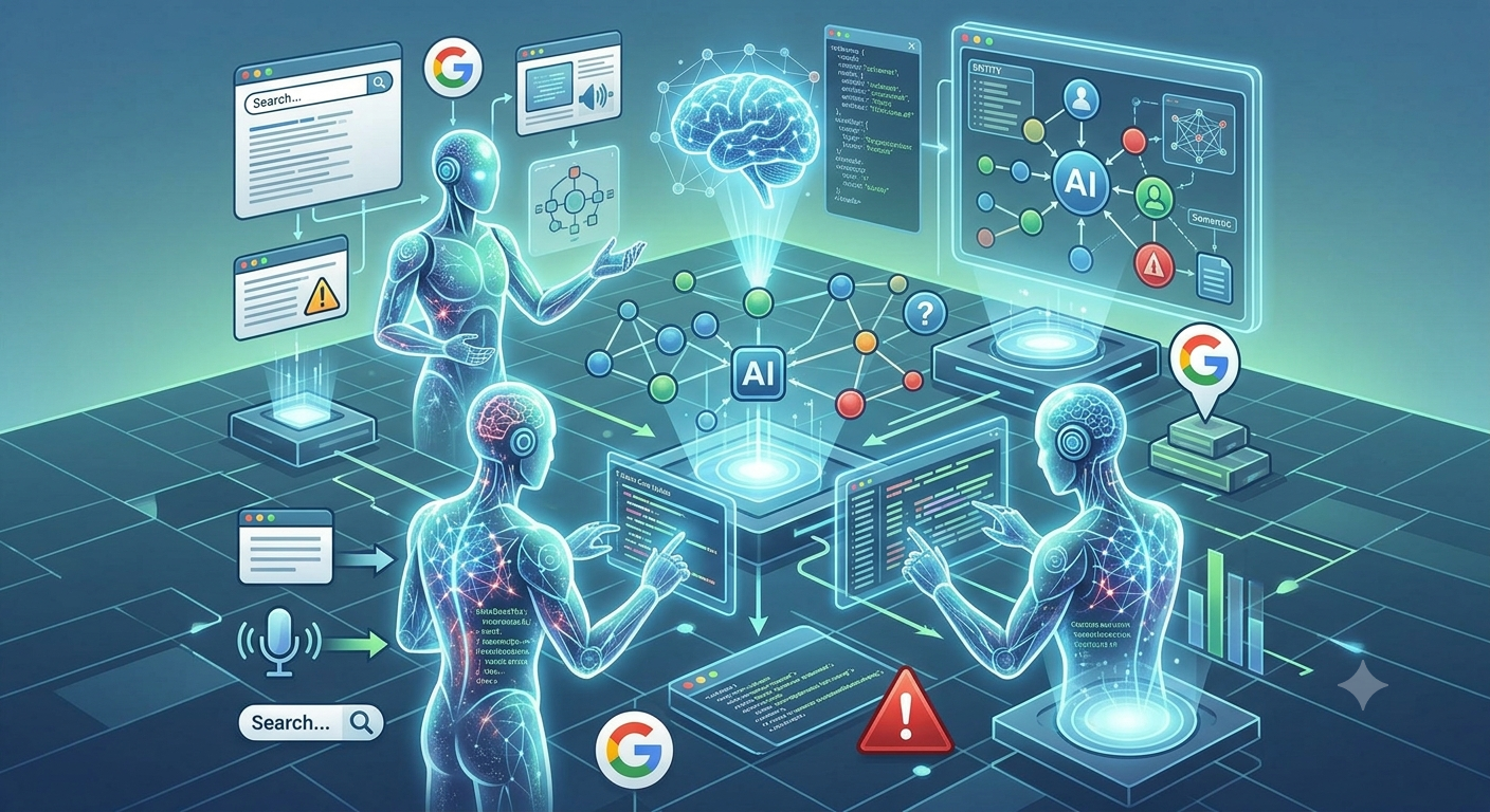An infographic visualizing futuristic search technology, featuring advanced glowing AI agents, complex holographic entity-relationship graphs, connected data points, and semantic pathways within a geometric data landscape. Integrated Google icons and schematic diagrams illustrate predictive analysis.