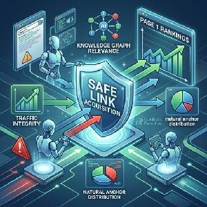 A square infographic titled 'SAFE LINK ACQUISITION' featuring a glowing shield. Arrows from high-quality source icons—like 'TRAFFIC INTEGRITY' (green graph) and 'KNOWLEDGE GRAPH RELEVANCE' (connected entities)—pass through the shield, managed by AI agents, towards a steady 'PAGE 1 RANKINGS' graphic. The visual style uses futuristic blues and greens, consistent with previous images in the series.