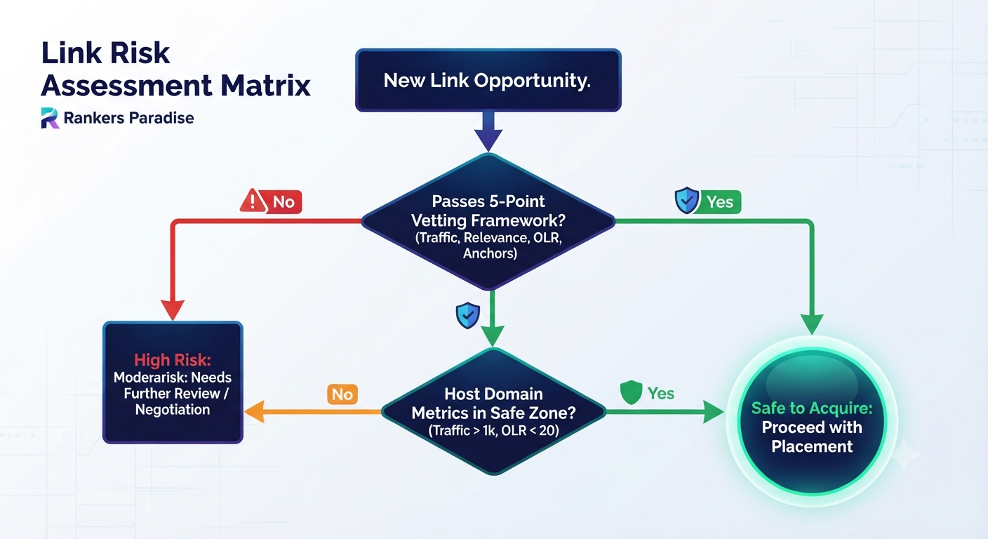 A decision flowchart infographic guiding link buyers on a 'Go/No-Go' process based on risk metrics