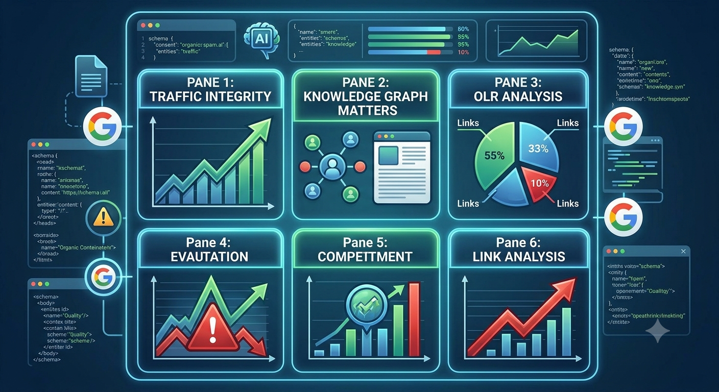 A conceptual data dashboard infographic visualizing the five-point safe link vetting framework: Traffic Integrity, Knowledge Graph Relevance, OLR Analysis, Anchor Text Distribution, and Content Quality / Information Gain, using futuristic blues, greens, and warning reds.