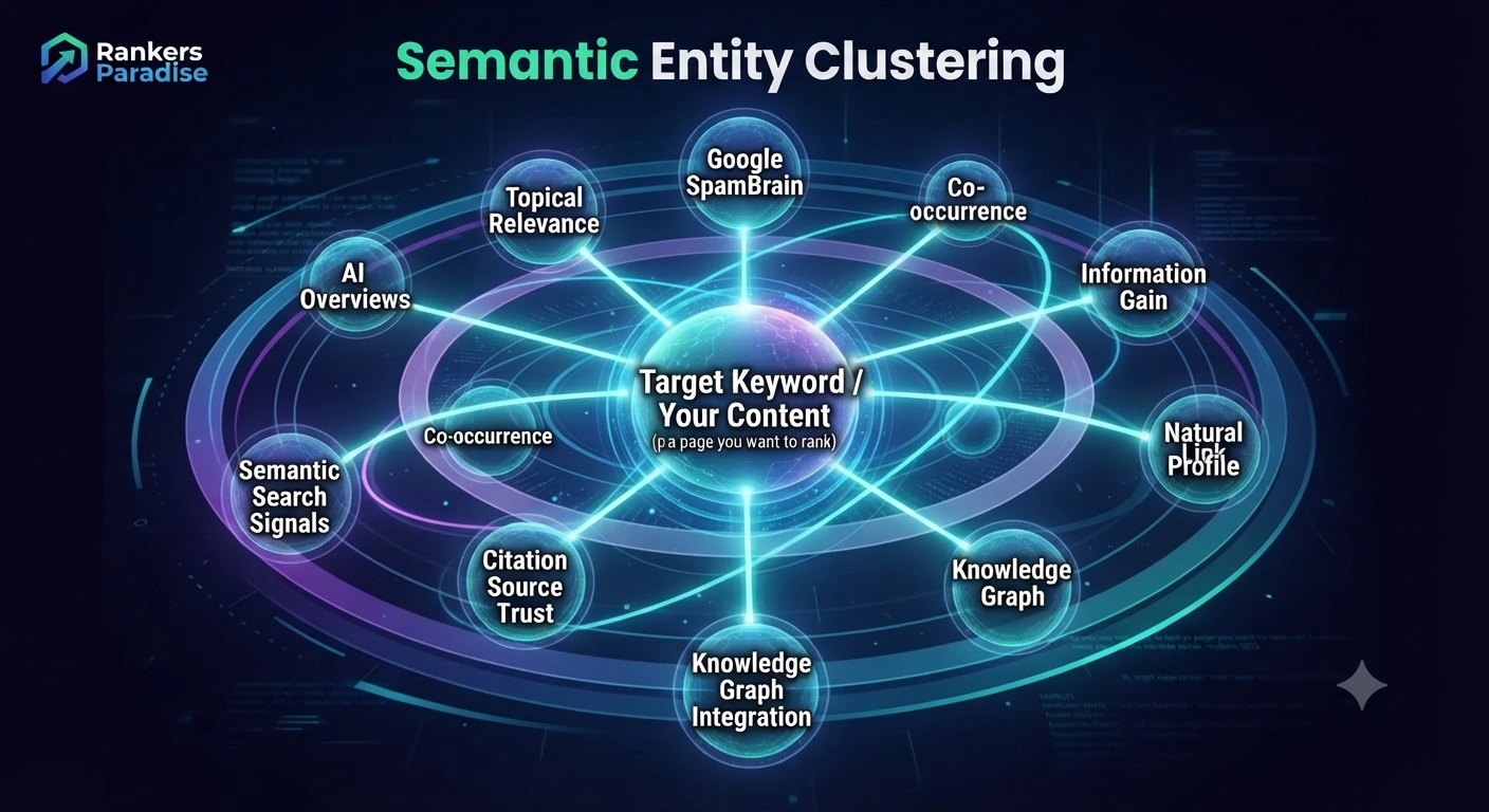 A complex infographic visualizing semantic entity clustering and its connection to target content for AI SEO