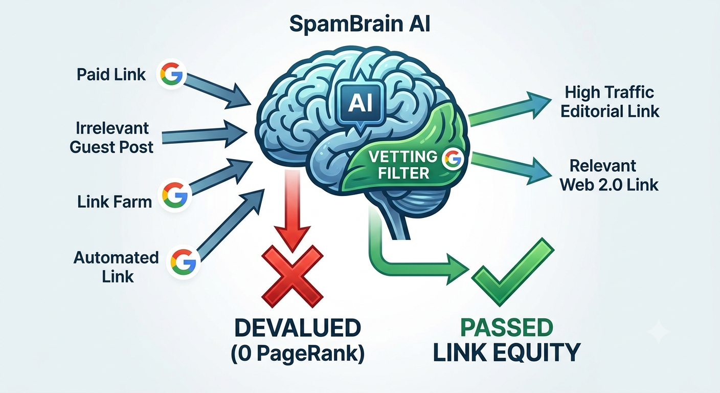 An infographic illustrating Google’s SpamBrain AI filtering process, showing how toxic paid links are devalued while high-quality editorial links pass link equity.
