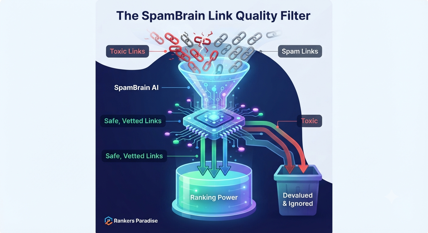 Infographic visualizing how Google's SpamBrain AI algorithm filters and devalues toxic paid backlinks