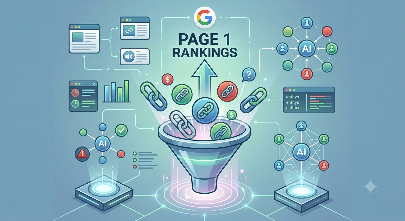 An infographic visualizing a futuristic conversion funnel in a data environment. Disparate, high-quality link icons are concentrated through a glowing funnel, focusing their combined authority into an upward-pointing arrow labeled 'PAGE 1 RANKINGS'. Surrounding schematics show connected data points and advanced entity analysis, consistent with the futuristic blue and green aesthetic of image_2.png and image_3.png.