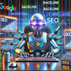 Image shows a robot buying profile, forum and article backlinks from Rankers Paradise