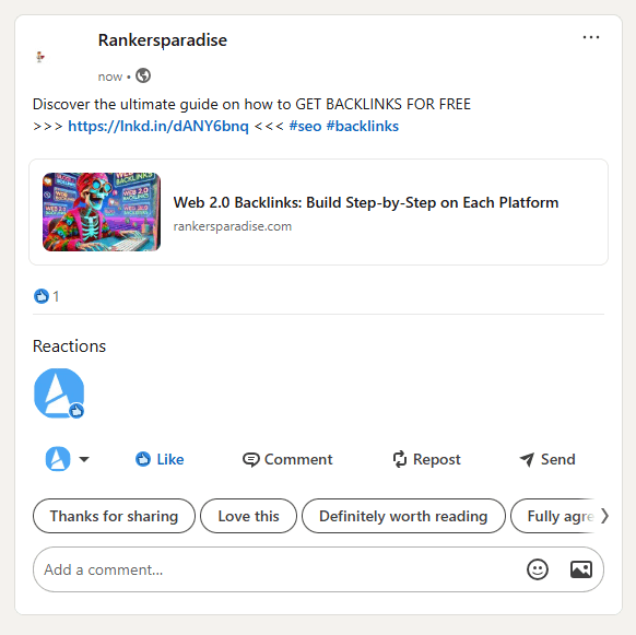 The image shows a backlink to Rankers Paradise from the social media platform LinkedIn