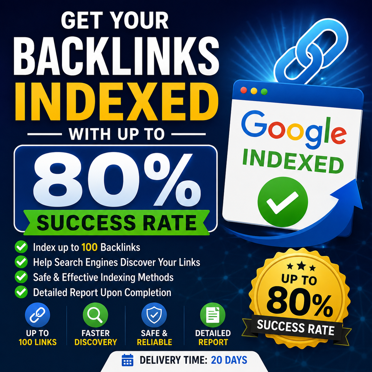 80% success rate Google backlink indexing service