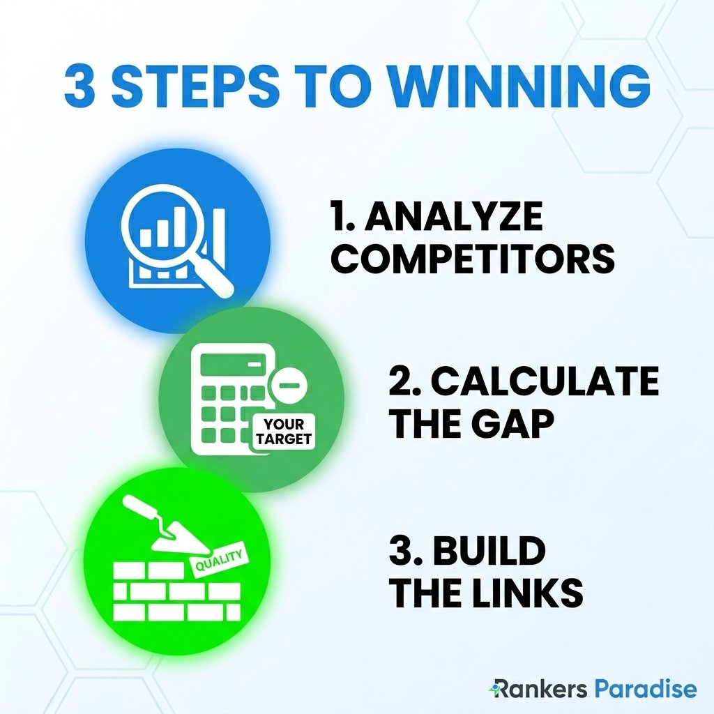 A three-step process infographic: 1. Analyze Competitors (magnifying glass), 2. Calculate the Gap (calculator and target), 3. Build the Links (trowel and quality brick).