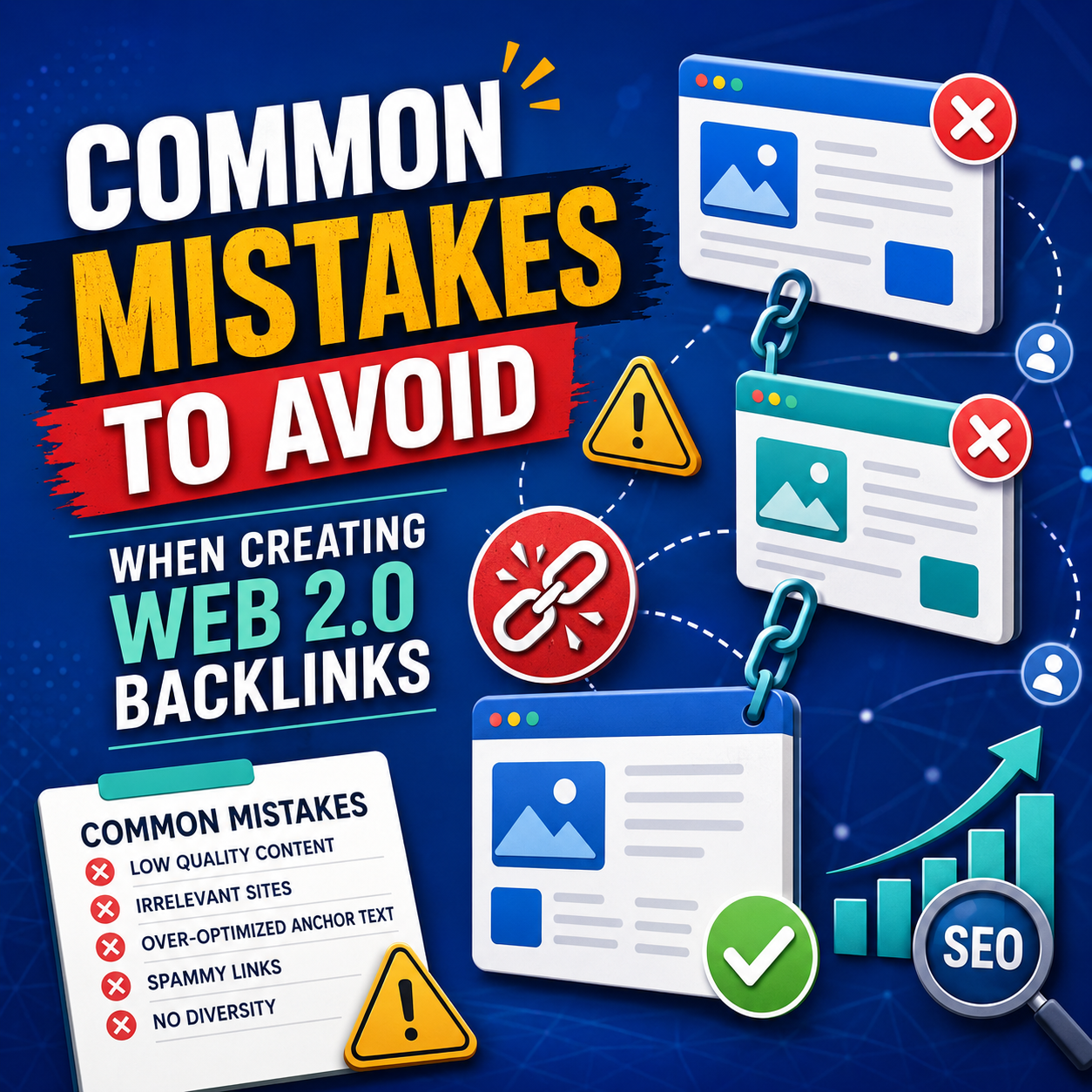 The image lists the common mistakes to avoid when creating/building web 2.0 backlinks for SEO