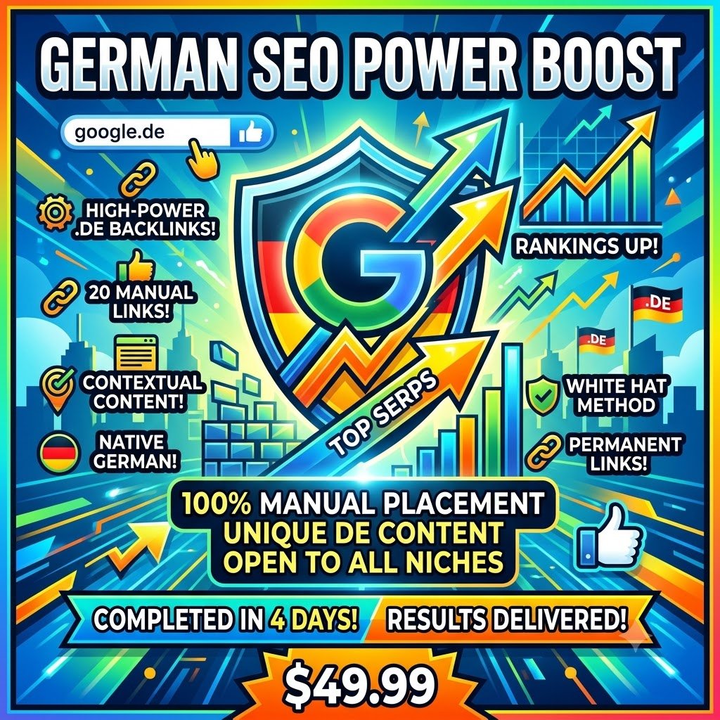 The image shows German SEO powerboost service with backlinks on .DE domains