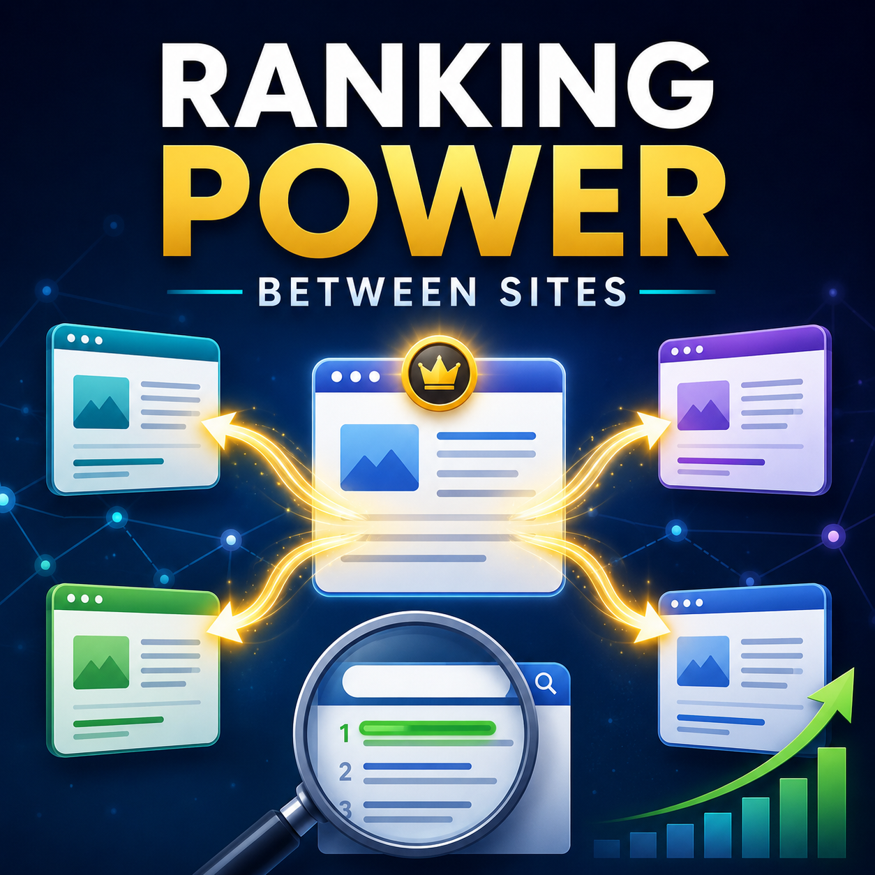 The image shows how ranking power shifts between websites to finalise which website takes the top sport for any particular keyword