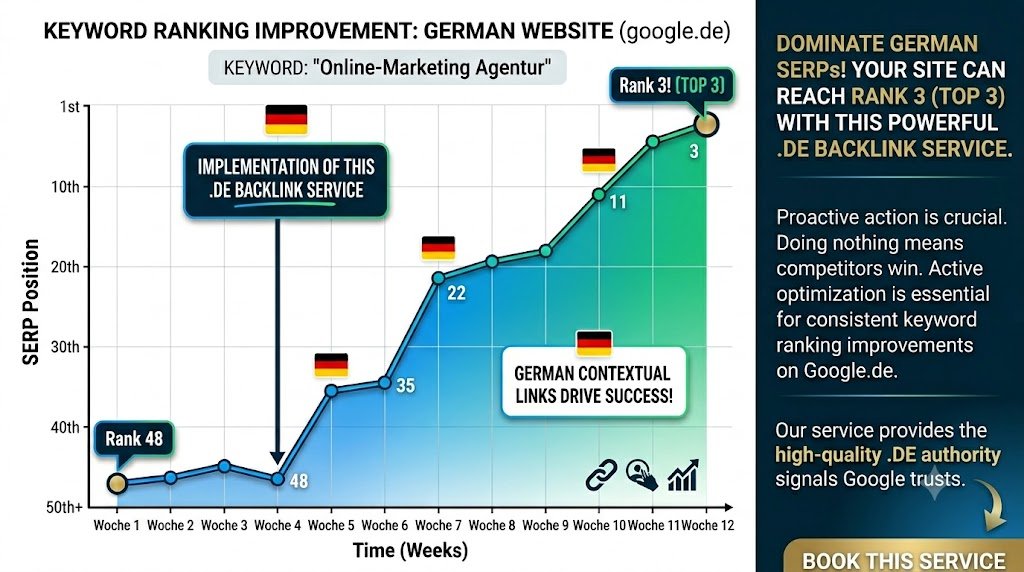 Image shows keyword ranking improvements on Google after .DE German backlinks implemented