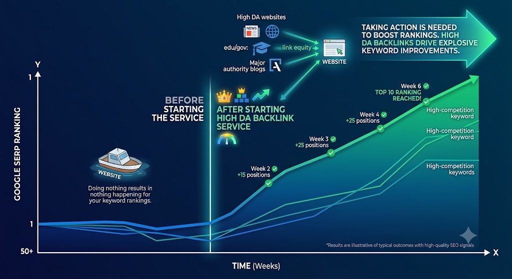 The image shows how keyword ranking improve over time after using high MOZ DA profile backlinks