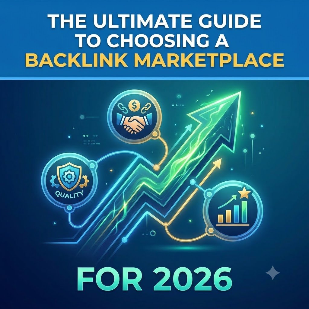 Image shows the ultimate guide to choosing a backlink marketplace in 2026