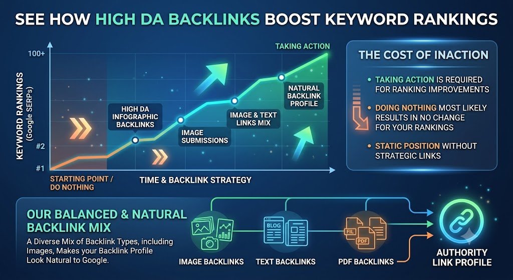 The image shows how high DA image and info graphic backlinks boost keyword rankings on Google SERPs
