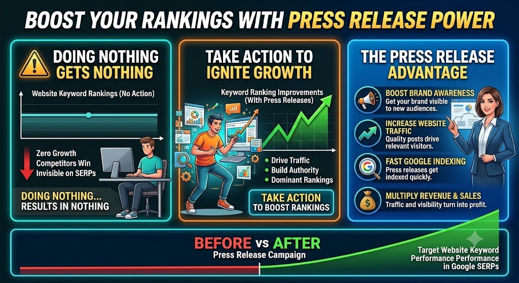The image shows how a website can boost keyword ranking on Google using press release backlinks