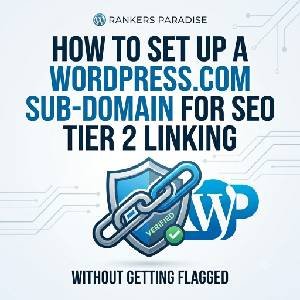 Square infographic for Rankers Paradise blog post on how to set up a WordPress.com sub-domain for SEO tier 2 linking safely and without getting flagged.
