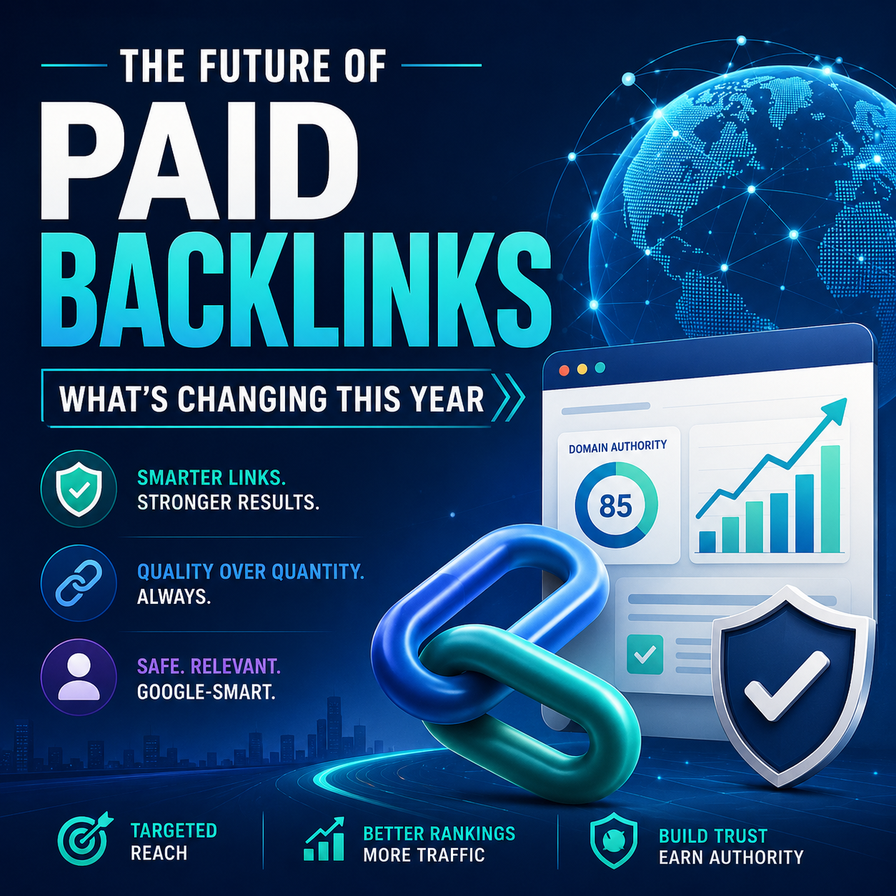 The image details the future of backlinks with focus on quality over quantity