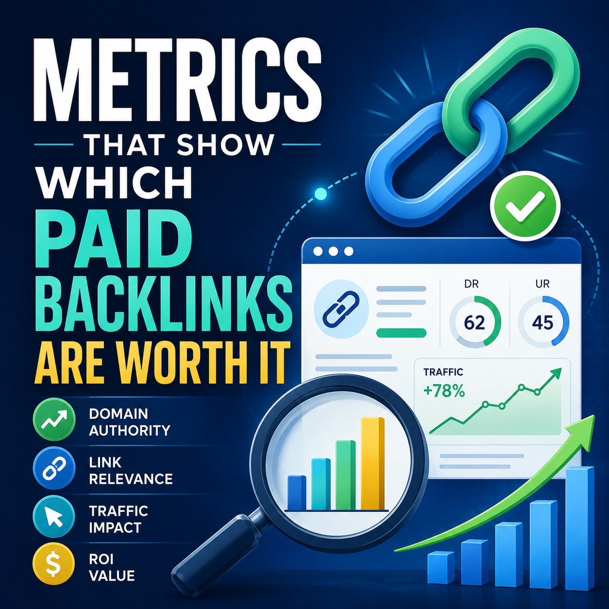 The image shows which metrics help you decide which backlinks are worth paying for