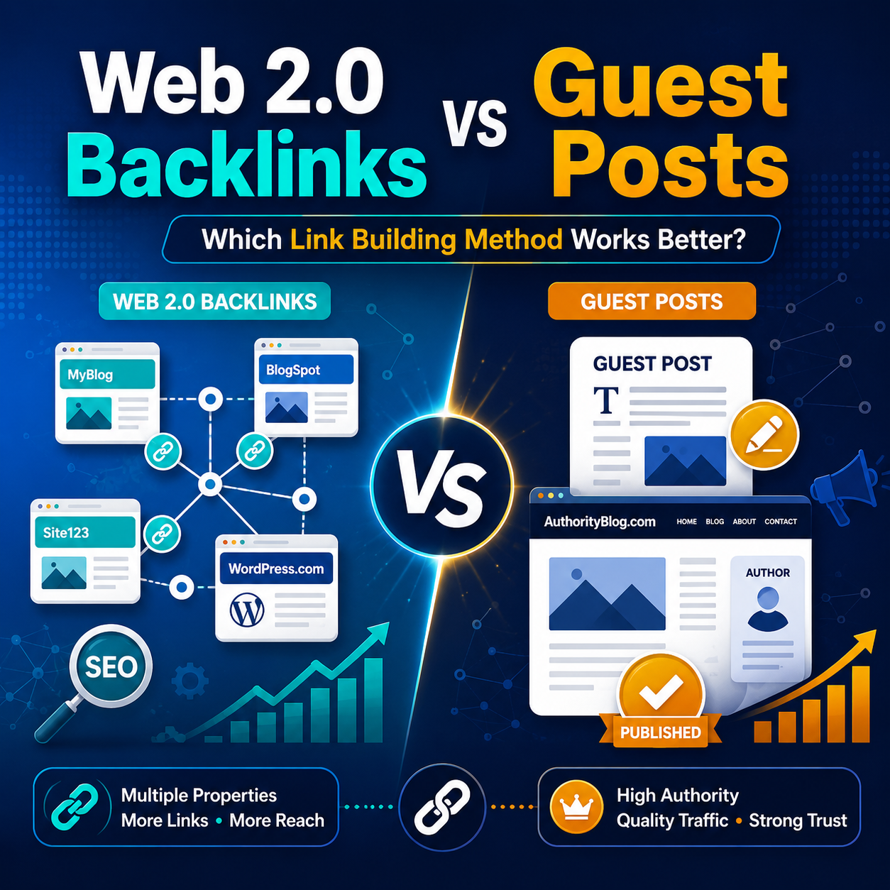 The image asks which link building method works best? Web 2.0 backlinks or Guest Posts?