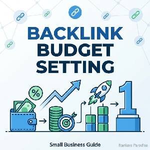A square 300x300 featured image showing a conceptual path with a wallet, a percentage sign, a target, a rocket, and a ranking pedestal, representing the backlink budget strategy for small business growth.