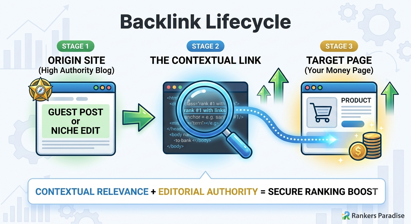 A diagram illustrating the backlink lifecycle, showing an authority blog originating a guest post link, which then flows authority to a small business 'money page' to boost its rankings.