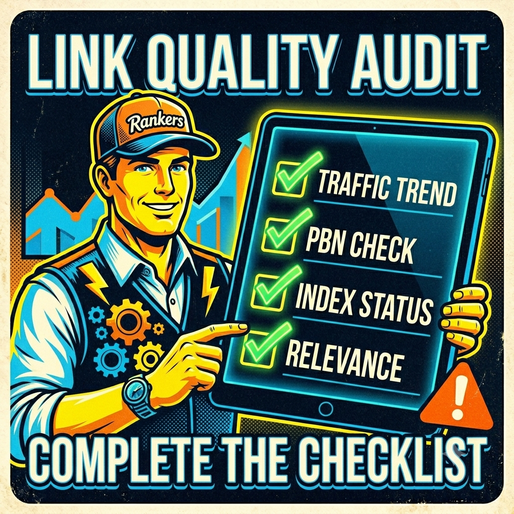 A high-contrast, comic-style 300x300 image showing a figure in a 'Rankers' cap holding a glowing tablet checklist with green checkmarks for Traffic, PBN, Index, and Relevance. Text reads: LINK QUALITY AUDIT. COMPLETE THE CHECKLIST.